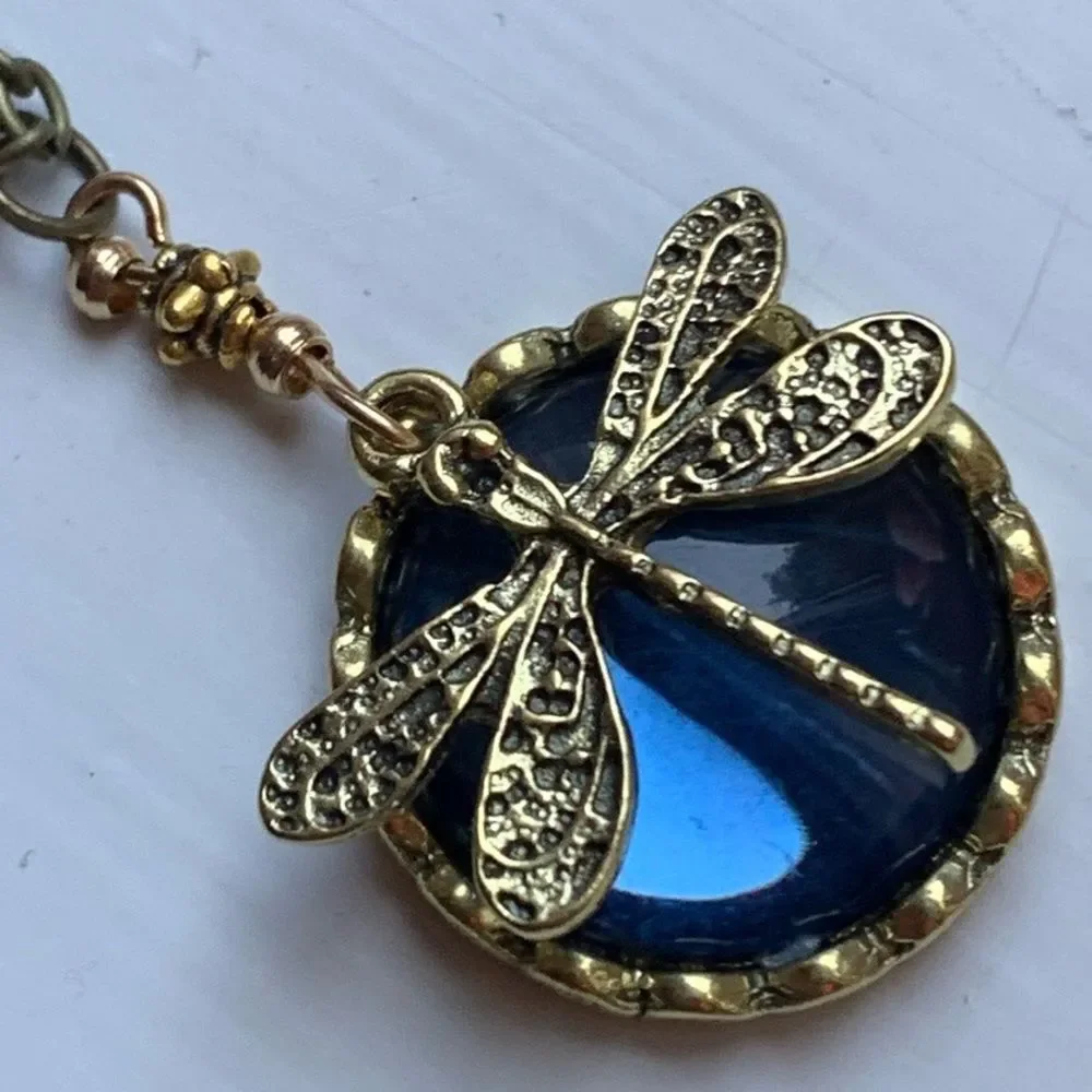 Blue Dragonfly Glass Pendant Necklace Victorian Garden Style